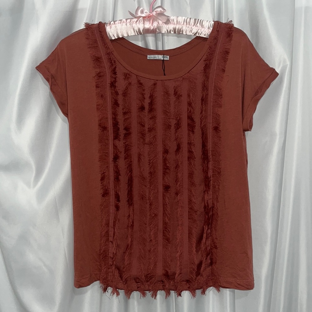 Zara Burnt Orange / Red Fringe Fabric Embellished Fall Tee Shirt Size Small